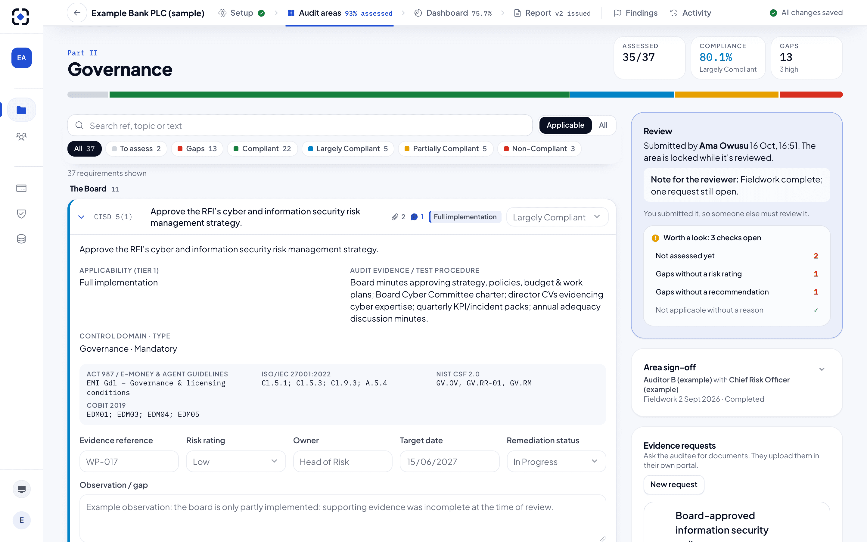 A requirement opened for assessment, showing mappings, risk, owner and observation