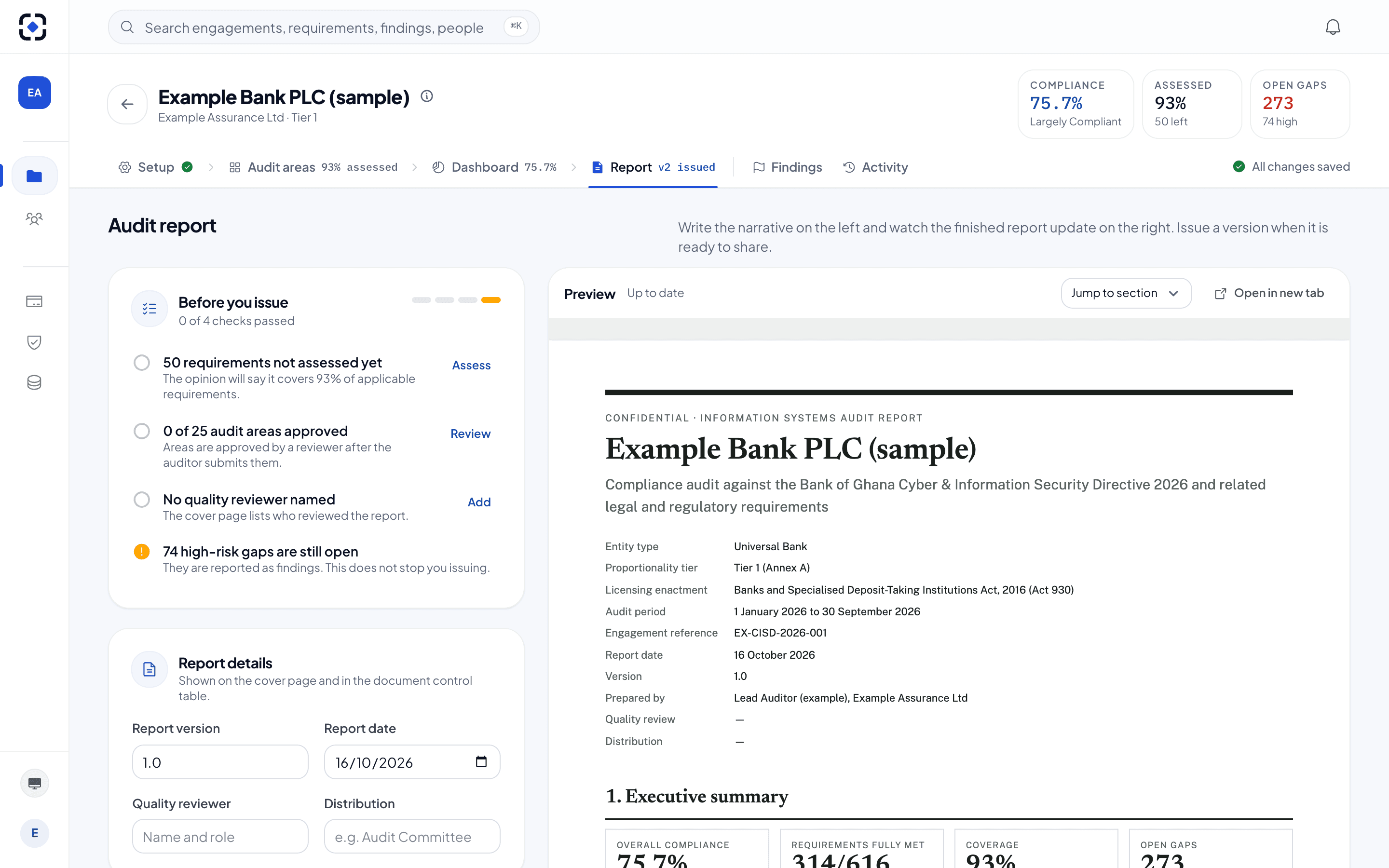The audit report screen with generated executive summary and opinion