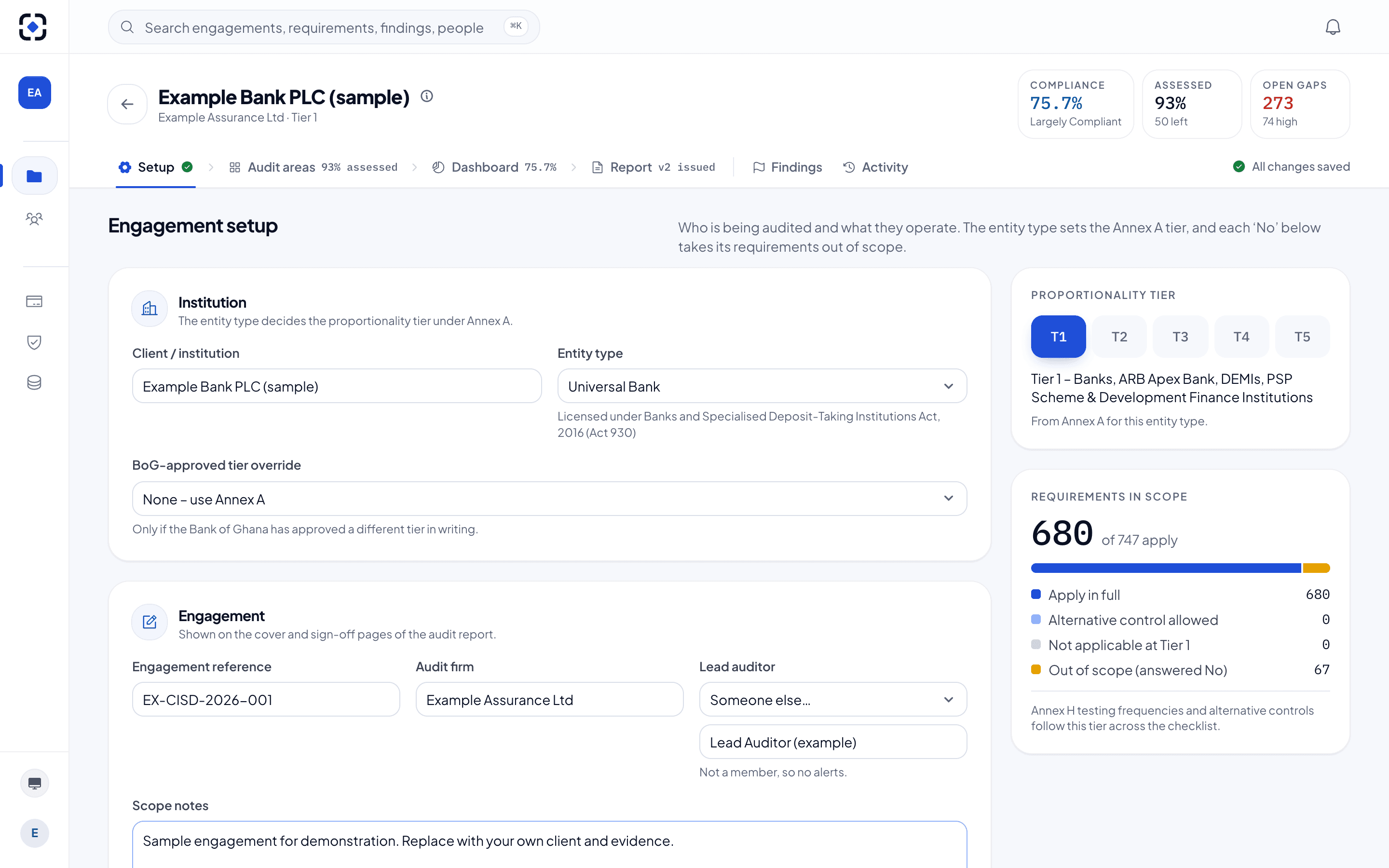 Engagement setup screen with entity type, tier and scoping questions